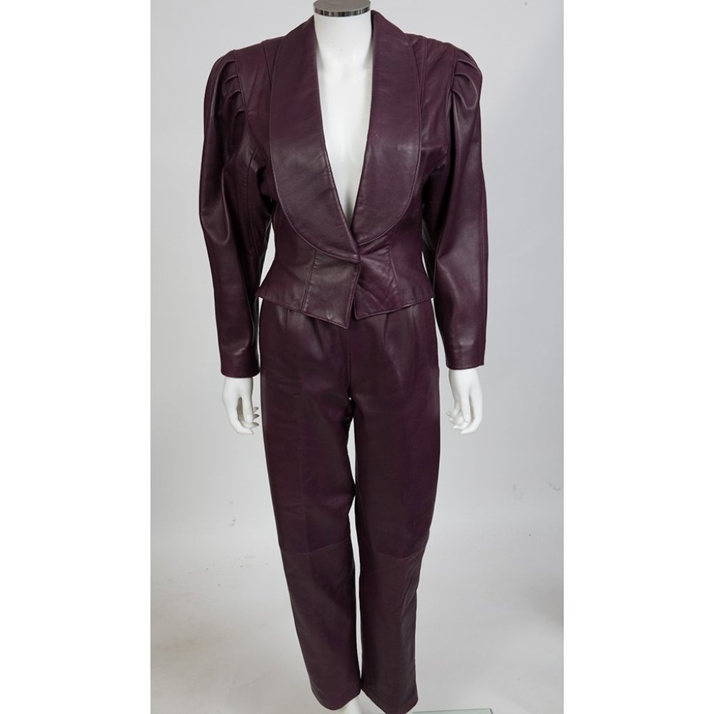 Brigid Brock 80s Aubergine Leather Pant Suit sz 2